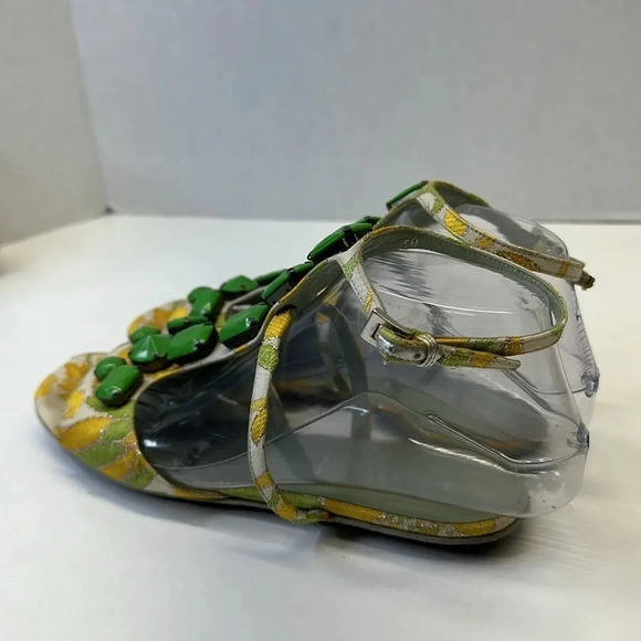 Prada T-Strap Open Toe Sandals Jacquard Floral Fabric Brocade Green Size 38 8 - Picture 3 of 10